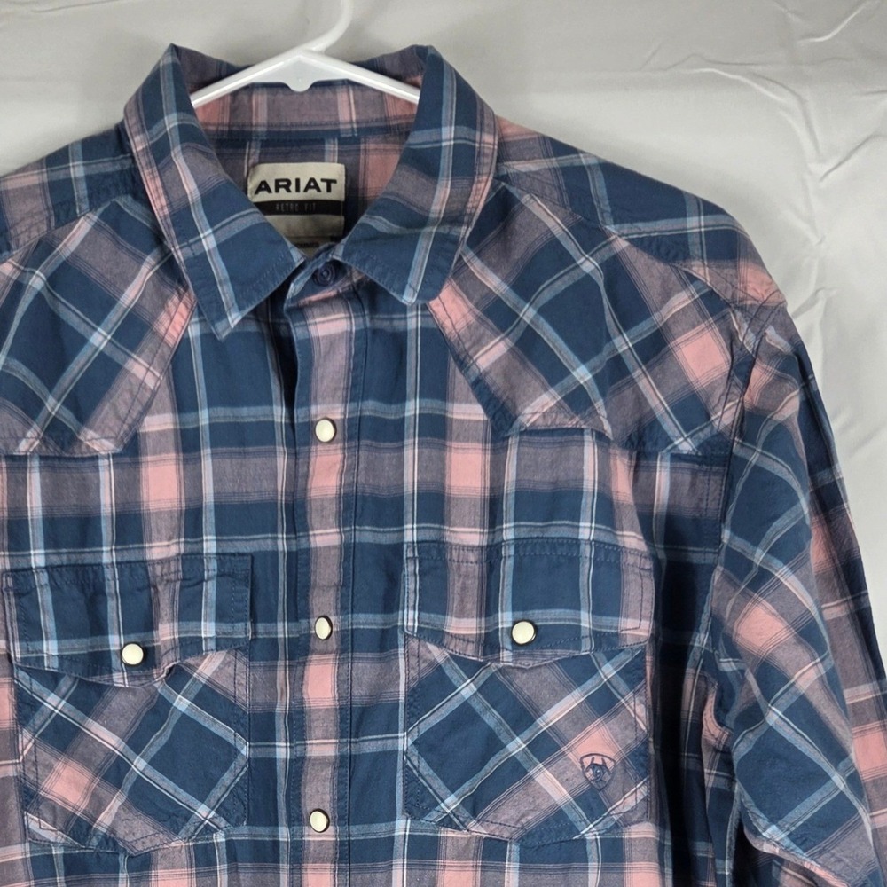 Ariat Retro Fit Mens XL Western Pearl Snap Plaid Shirt Blue Pink Long Sleeve